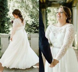 Plus Size Wedding Dress A Line Lace Appliqued Long Sleeves Chiffon Custom Made Sexy Backless Bridal Gown Vestido De Novia