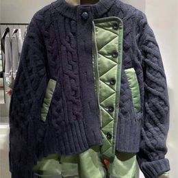 Womens Jackets Crew Neck Knitted Top Autumn Winter Stand Collar Stitching Sweater Irregular Colour Matching Twopiece 221118