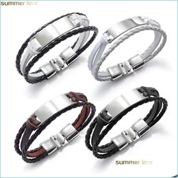 Other Bracelets New Engraved Tag Leather Bracelet Stainless Steel Mens Personalised Diy Custom Layered Genuine Bangle Gift Drop Deli Dhgfp