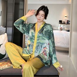 Womens Sleepwear QSROCIO Pyjamas Set Luxury Fashion Paint Print Silk Like Homewear V Neck Nightwear 221118