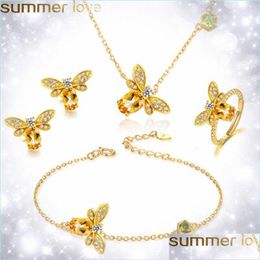 Earrings Necklace New Yellow Crystal Honey Bee Pendant Necklace Women Jewelry Cute Rhinestone Bracelets Rings Earrings Set Gold Dr Dhmxv