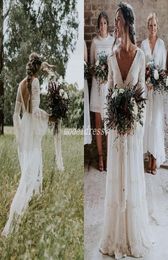New Beautiful Bohemian Wedding Dresses V Neck Long Sleeve Lace Sweep Train Beach Boho Garden Country Bridal Gowns robe de mariee P7586951