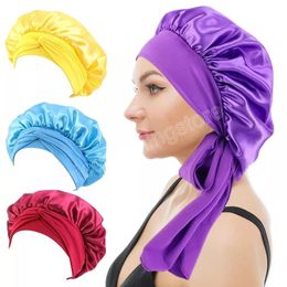 Satin Hats Women Bonnet Stretch Solid With Wide Ties Long Hair Care Night Sleep Hat Adjust Hair Styling Cap Silk Head Wrap Caps