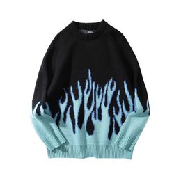 Men's Sweaters Sweater Men Streetwear Retro Flame Pattern Hip Hop Autumn Pull Over Spandex Oneck Oversize Couple Casual Men's Sweaters 221119