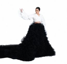 jupes 2021 Elegant Black Black Ruffled Tulle Skirt Longueur Long Femmes avec train Puffy Maxi Girls Y4S32866032