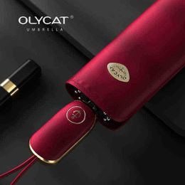 OLYCAT Flat Handle Red Fully Automatic Umbrella Girls Women Men Travel Outdoor Rain Designer Cute J220722