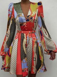 Casual Dresses Elegant Belt Satin Dress Women Vneck Lantern Long Sleeve Button Aline Pleated Mini Dress Female Autumn Casual Vestidos 221119