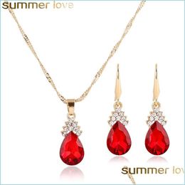 Earrings Necklace Fashion Colorf Crystal Water Drop Necklace Earring Set Gold Color Chain Necklaces For Girls Women Wedding Jewelr Dhnk4