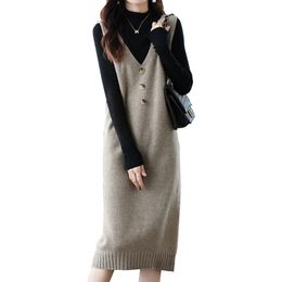 Casual Dresses High End Vintage 100 Pure Cashmere Knitted Sweater Sleeveless Vest Dress Women Bodycon Elegant Fall Winter Sweater Midi Dress 221119