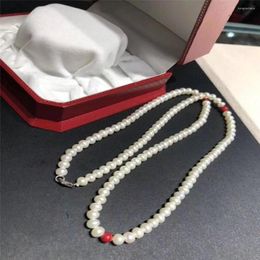 Chains Hand Knotted Necklace Natural 6-7mm White Freshwater Nearly Round Pearl Red Stone Sweater Chain 30inch For Women Fashion Jewelry