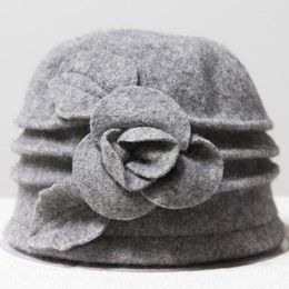 Berets Fashion Women Wool Floppy Fedora Hat Flower Decor Autumn Winter Solid Warm Mom Cap