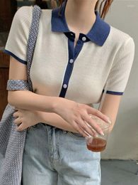 Women's Knits Women Polo Neck Knitted Blouse Tops Summer Lady Patchwork Slim Cropped Cardigan Kawaii Sweater Women's Clothing