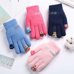 Children s Finger Gloves Children Cartoon Bear Fleece Knitted Full Mittens Winter Warm Skiing Toddlers Kids Outdoor 221118