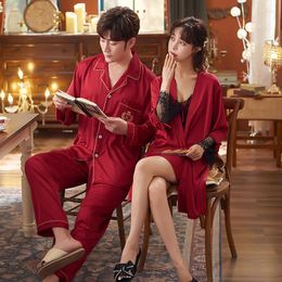 Women's Sleepwear 2022 Spring Couple 2PCS Robe Gown Sets Men Full Sleeve& Pant Women Sexy Kimono Nightgown Sleep Suit Lace Flower Trim