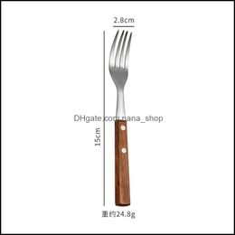 Spoons Wood Handle Spoon Fork Knife Cutlery Set Stainless Steel Home Kitchen Dining Flatware Ice Cream Dessert Steak Forks Spoons Ta Dhr1N