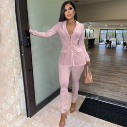 Women's Two Piece Pants Elegant Sheer Mesh Patchwork Two Piece Set Women Sexy V Neck Corset Blazer Top Pants Skinny Tracksuit Women Fashion Outfits T221012