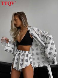 Women's Two Piece Pants TTQV Fashion Loose Print Two Piece Sets Womens Outifits Autumn White V-neck Long Sleeve Lace-up Shirts And Shorts Sets Homewear T221012