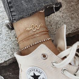 Anklets 2022Retro Full Diamond Snake-Shaped Chain Multi-Layer Anklet Four-Piece Set Woman Gold Jewelry Joyero Gothic Accessories