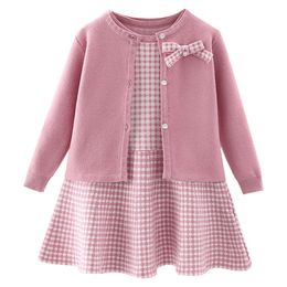 Girl s Dresses Autumn children s baby sweater knitting long sleeve dress Christmas Day party girl s plaid coat Plaid vest suit 221118