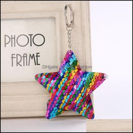 Keychains Lanyards Fish Scale Sequin Star Keychain Key Ring Holders Bag Hang Women Kids Fashion Jewellery Gift Drop Delivery Accessor Dhqiu