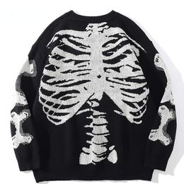 Men's Sweaters Vintage Knit Sweater Cotton Pullover Unisex Men's Oversized Sweater Black Loose Skeleton Bone Print Fashion pullover 221119