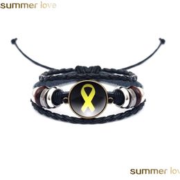 Other Bracelets New Fashion Black Mti Layer Leather Bracelet Yellow Ribbon Glass Cabochon Buckle Punk Weave Bracelets Jewelry Gifts Dhxkp