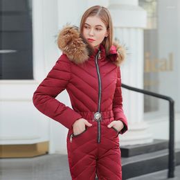 Women's Trench Coats Down Jacket Pants Big Fur Collar Hood Jumpsuit Rompers Women 2022 Winter Warm Thick Slim Outdoor Clothes One Piece Snow