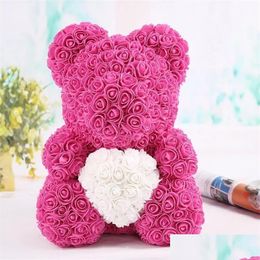 Decorative Flowers Wreaths 40Cm Artificial Rose Heart Teddy Bear Handmade Of Roses For Women Valentine'S Day Wedding Bithday Gift Dhkox