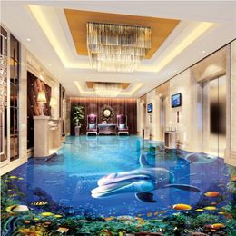 Papel de pantalla mural de piso 3D personalizado decoración del hogar Decoración del hogar Modern Dolphin Océano Sala de estar Baño Pisador de baño PVC2357