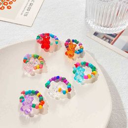 Handmade Jewelry Wholesale Korean Personalized Creative Transparent Candy Color Bear Pearl Elastic Rope Ring Sweet Girl's Heart Rice Bead Index Finger Ring