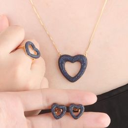 Necklace Earrings Set Gold Hollow Heart Shape Full Paved Cubic Zirconia Stud Pendant Necklaces Rings Women Dubai Jewellery