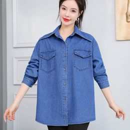 Women's Blouses #3420 Blue Denim Shirts Women Turn-down Collar Casual Jeans Shirt Long Sleeved Loose Outerwear Mid-length