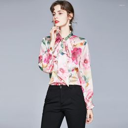 Women's Blouses 2022 Autumn Runway Silk Women's Shirt Long Sleeve Print Ruffle Tie Flowers Bow Dress Blouse Floral Office Ladies