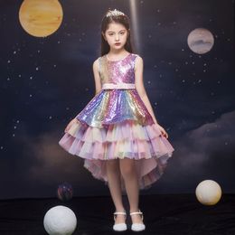 Cute Lovely Girl's Pageant Sequins Crystal Ruffles A Line Tulle High Low Rainbow Sequined Flower Girl Dresses Christmas Birthday Wear 403