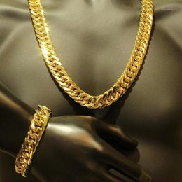 Ohrringe Halskette Sch￶ne dicke goldene Kette Set gelb gef￼llte robuste Herren Armbandzubeh￶r Schmuckset12923