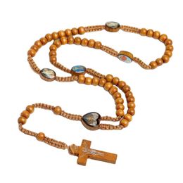 Natural wood hand woven wooden beads Jerusalem Catholic Religious Jewelry cross Jesus Beads Necklace