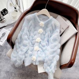 Cardigan Women Sweater Knitted Light Blue Tie Dye Top Rose Button Korean Chic Sweet Casual O-Neck Female Clothing 2023