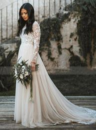 High Neck A-Line Tulle Boho Beach Wedding Dresses Modest Illusion Long Sleeve Romantic Floral Appliques Vestidos De Novia