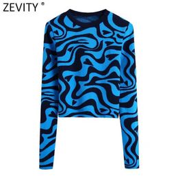 Women's Knits Tees Zevity New Women Vintage Animal Pattern Print Short Knitting Sweater Lady Chic O Neck Long Sleeve Slim Pullover Crop Tops SW1078 T221012