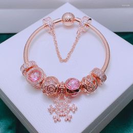 Charm Bracelets Finished Complete Rose Gold Plated Bracelet With Pink Charms For Women Fit European Beads Jewelry-Snowflake