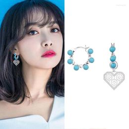 Dangle Earrings Luxury Shiny White Cubic Zirconia Round Circle Dangling Asymmetric Turquoise Heart Earring For Women Wedding Jewellery