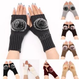 Women Gloves Autumn Winter Half Finger Gloves Hand Wrist Warmer Knitted Wool Hairball Warm Mittens Fingerless Gloves