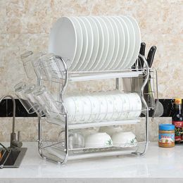 Kitchen Storage 3 Tier Dish Drainer Tableware Drying Rack Stainless Steel For Plate Cup Cutlery Holder With Mug