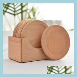 Mats Pads 6Pcs/Set Wooden Coasters Set Round Beech Wood Cup Mat Bowl Pad Holder Home Kitchen Tools Drop Delivery 2021 Garden Kitch Dhezr