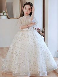 Vintage Flower Girls' Dresses Ivory Baby Infant Toddler Baptism Clothes With Long Sleeves Lace Tutu Ball Gowns Birthday Party Dress 403