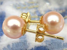 Stud Earrings Genuine 6mm Perfect Round Pink Akoya Pearl Earring Solid 14K/20 Yellow Gold