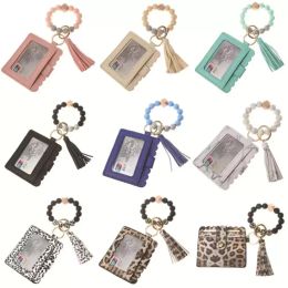 UPS PU Leather Bracelet Wallet Keychain Party Favour Tassels Bangle Key Ring Holder Card Bag Silicone Beaded Wristlet Keychains Handbag