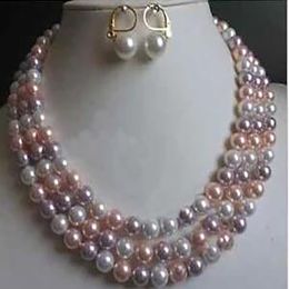 Natural mixed White pink purple shell Pearl Necklace Earring Set 8mm 17-19"