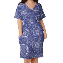 Plus Size Dresses Indigo Flower Circles Dress Short Sleeve Retro Geometric Print Aesthetic Elegant Casual Graphic Clothing