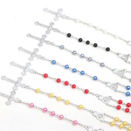 Handmade Jewellery Wholesale Pearl Rosary Necklace Colourful Cross Christian Holy Father virgin Catholic Prayer Jewellery